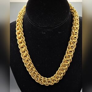 Chainmail Statement Necklace Gold Tone Intertwined Links 16" Long Unisex Chunky